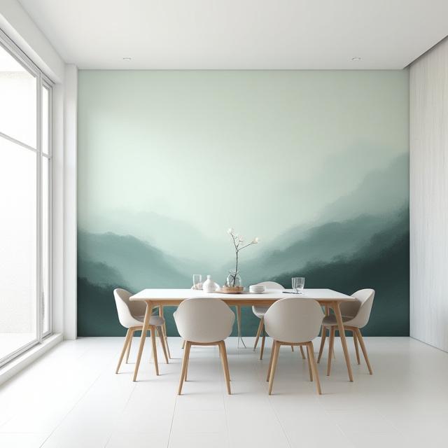 Grande murale personalizzato raffigurante un paesaggio astratto in una sala da pranzo minimalista.